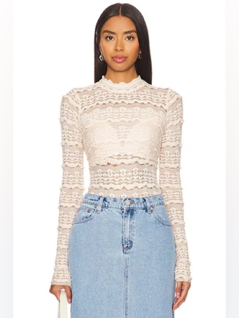 Free People One Angelina bodysuit lace long sleeve tea mock neck top beige sheer